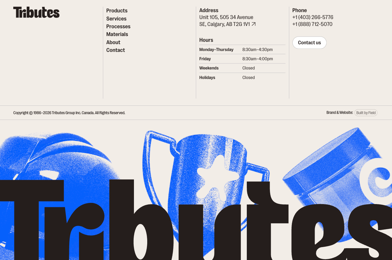 Tributes website footer with product links, address, hours and phone numbers above a large blue Tributes wordmark and illustrated trophies.