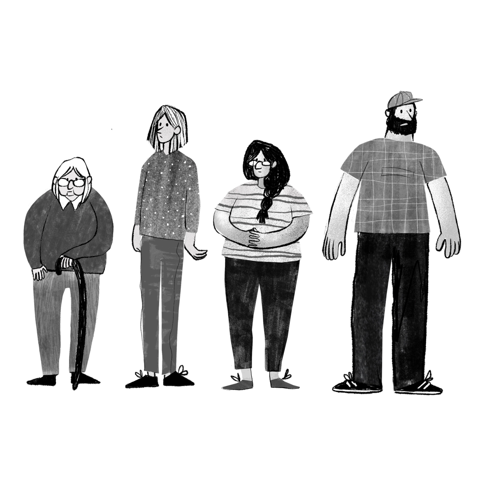 Grayscale hand-drawn illustration of four characters standing in a row: an elderly woman with a cane, two women, and a bearded man in a cap.