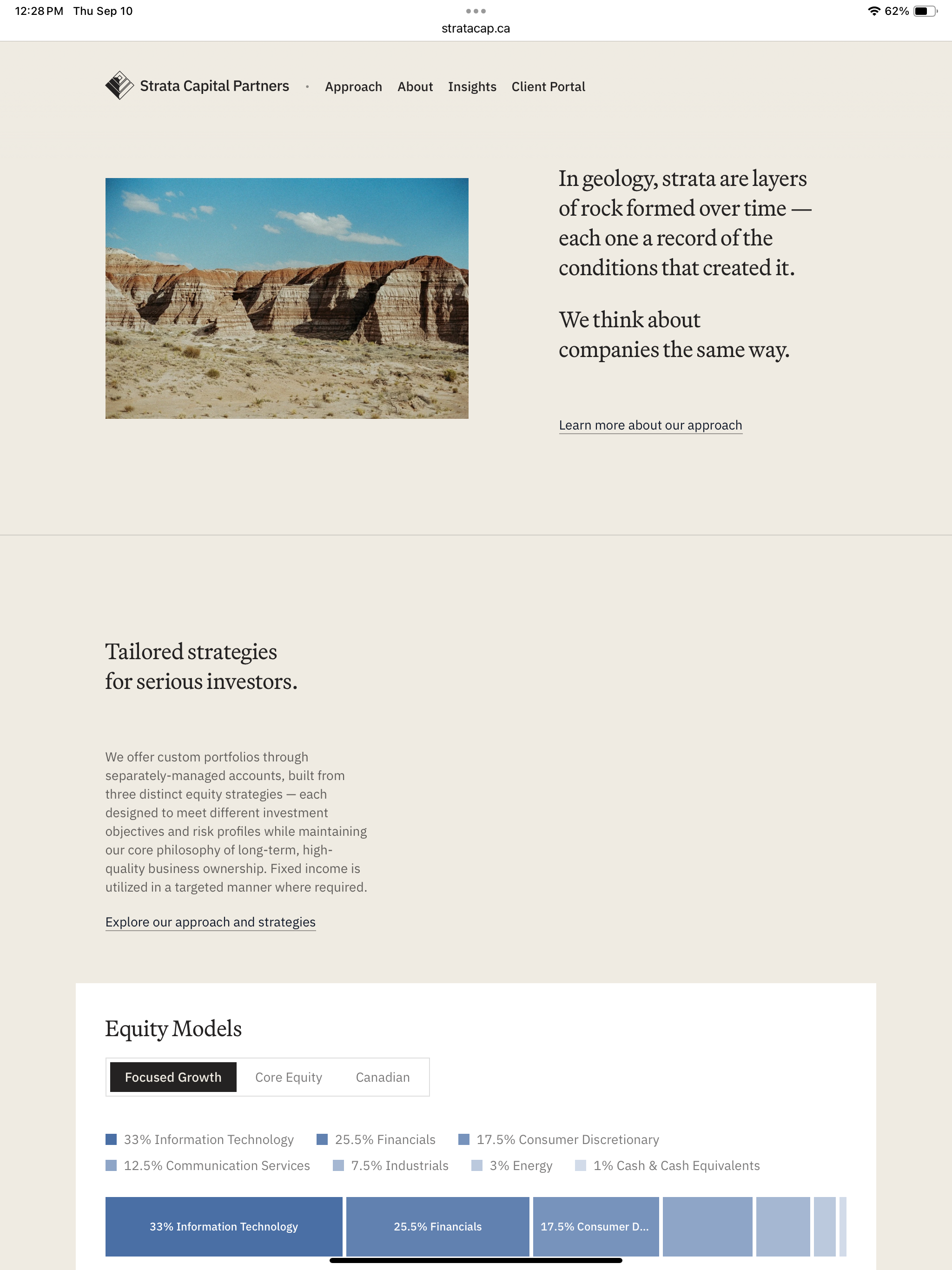Strata Capital Partners website on a tablet, pairing a photo of layered rock strata with the approach section and an equity models chart.