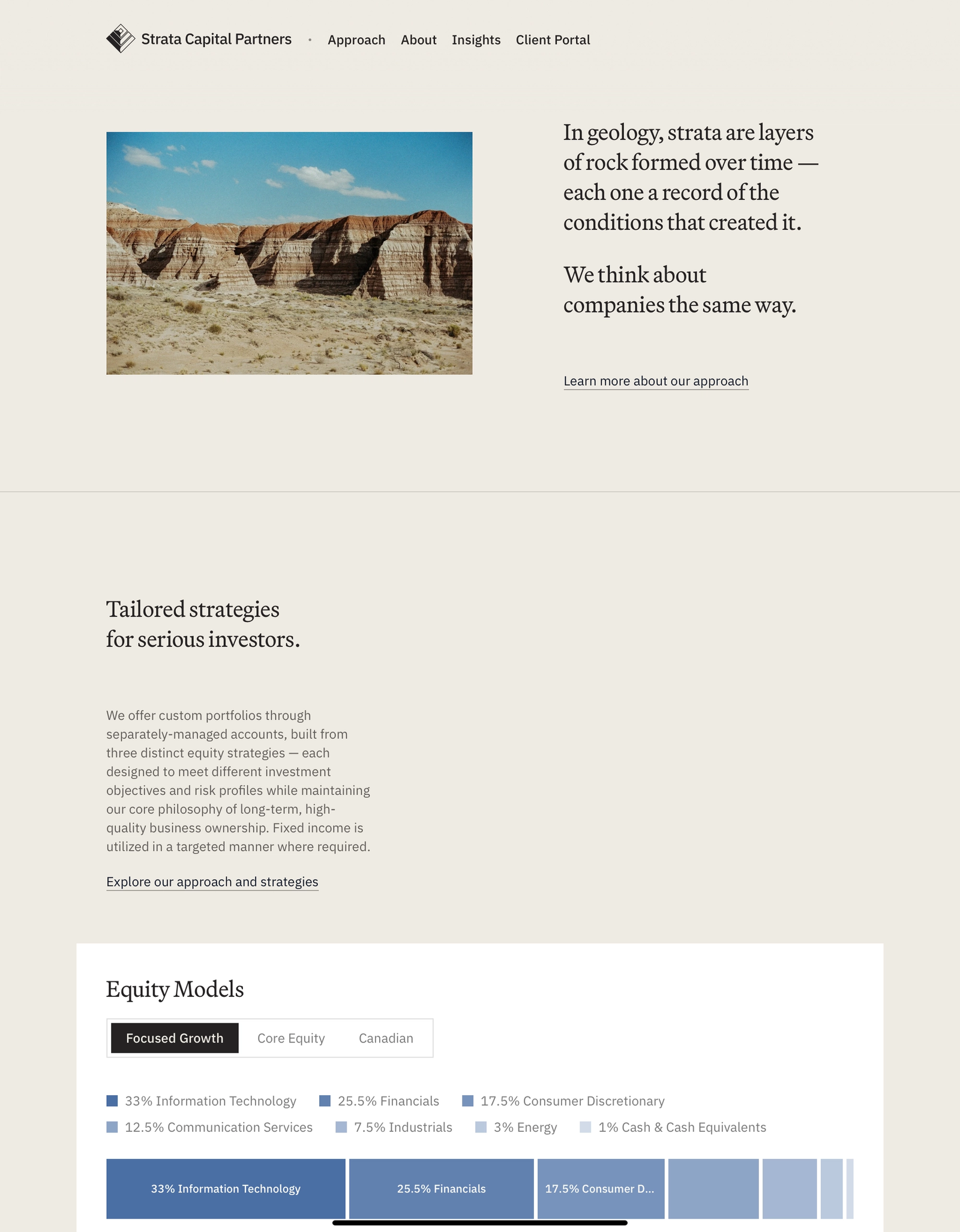 Strata Capital Partners website on a tablet, pairing a photo of layered rock strata with the approach section and an equity models chart.