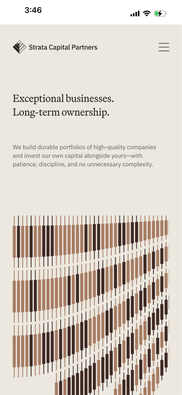 Strata Capital Partners homepage on a phone, with the headline Exceptional businesses. Long-term ownership. above a pattern of vertical bars.