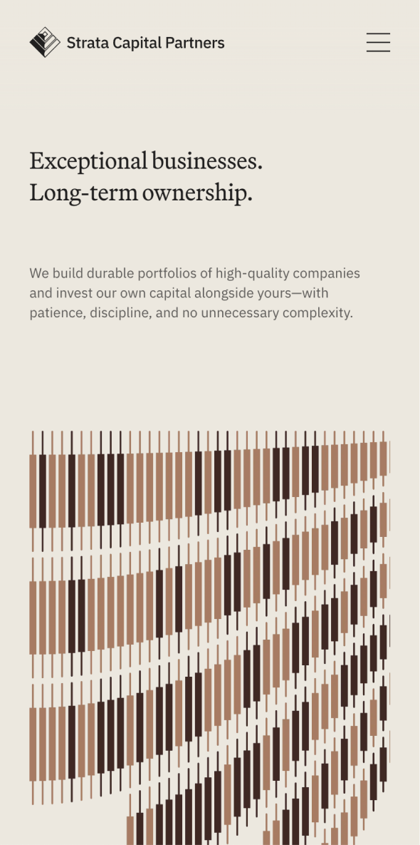 Strata Capital Partners homepage on a phone, with the headline Exceptional businesses. Long-term ownership. above a pattern of vertical bars.