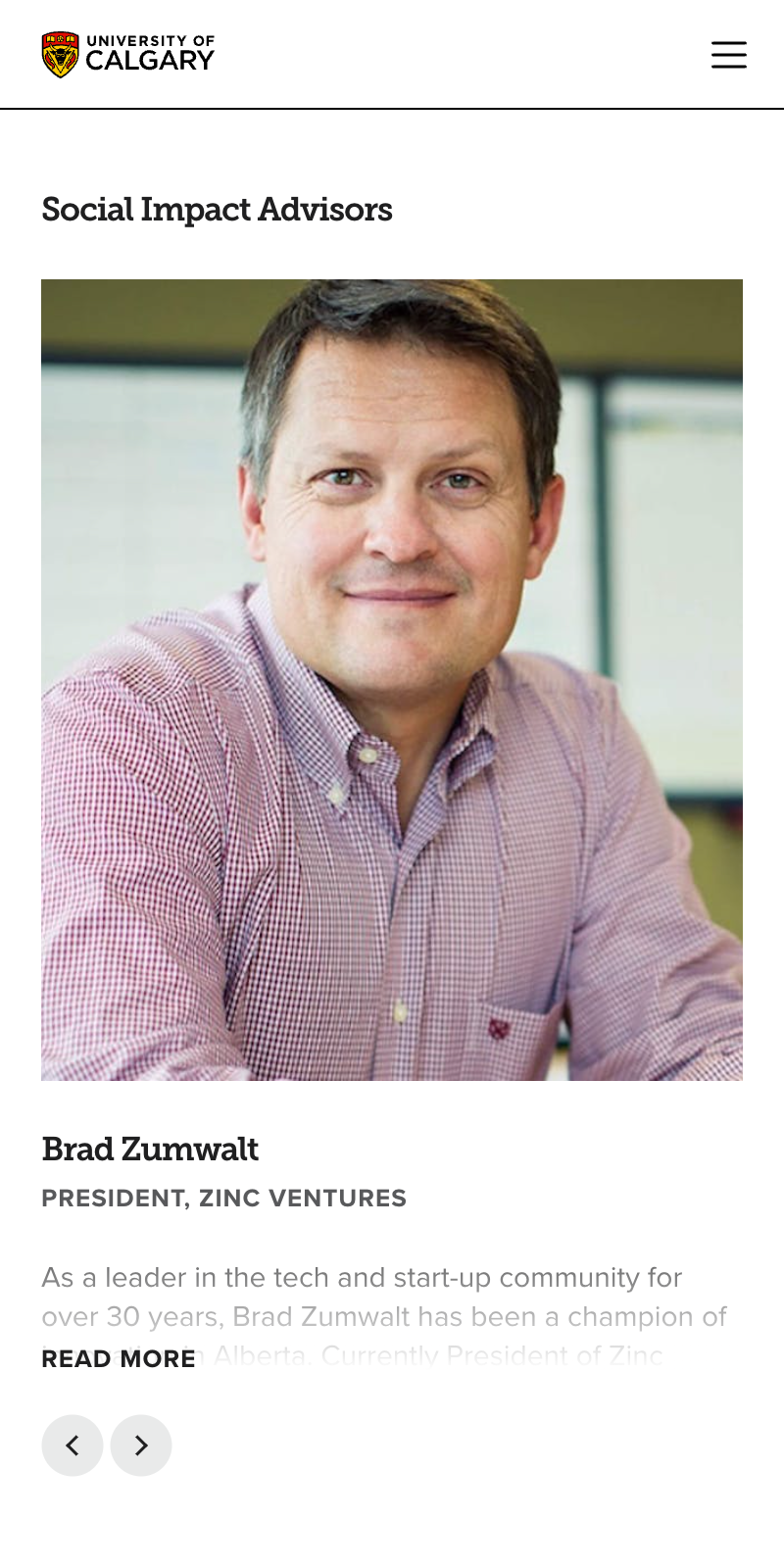 Mobile University of Calgary page titled 'Social Impact Advisors' showing a photo of Brad Zumwalt, captioned 'President, Zinc Ventures'.