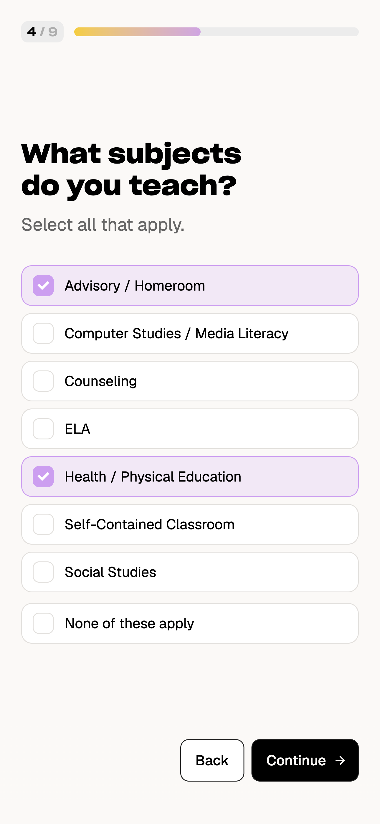 #HalfTheStory learning platform onboarding step on a phone asking What subjects do you teach?, with Advisory and Health selected.