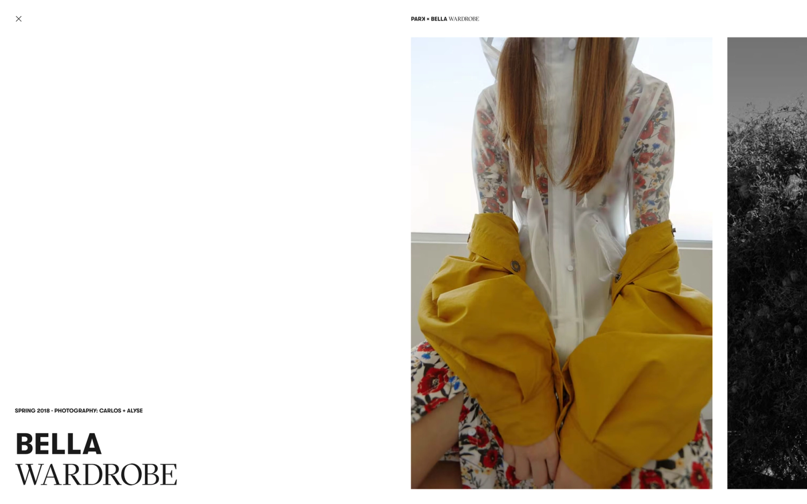 Editorial layout for 'Bella Wardrobe', Spring 2018, with a photo of a model in a sheer floral coat with yellow cuffs and a narrow black-and-white image at right.