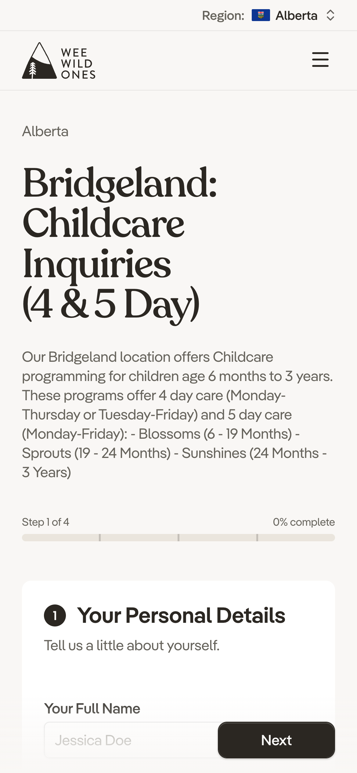 Wee Wild Ones website on a phone, showing the first step of a childcare inquiry form for the Bridgeland location.