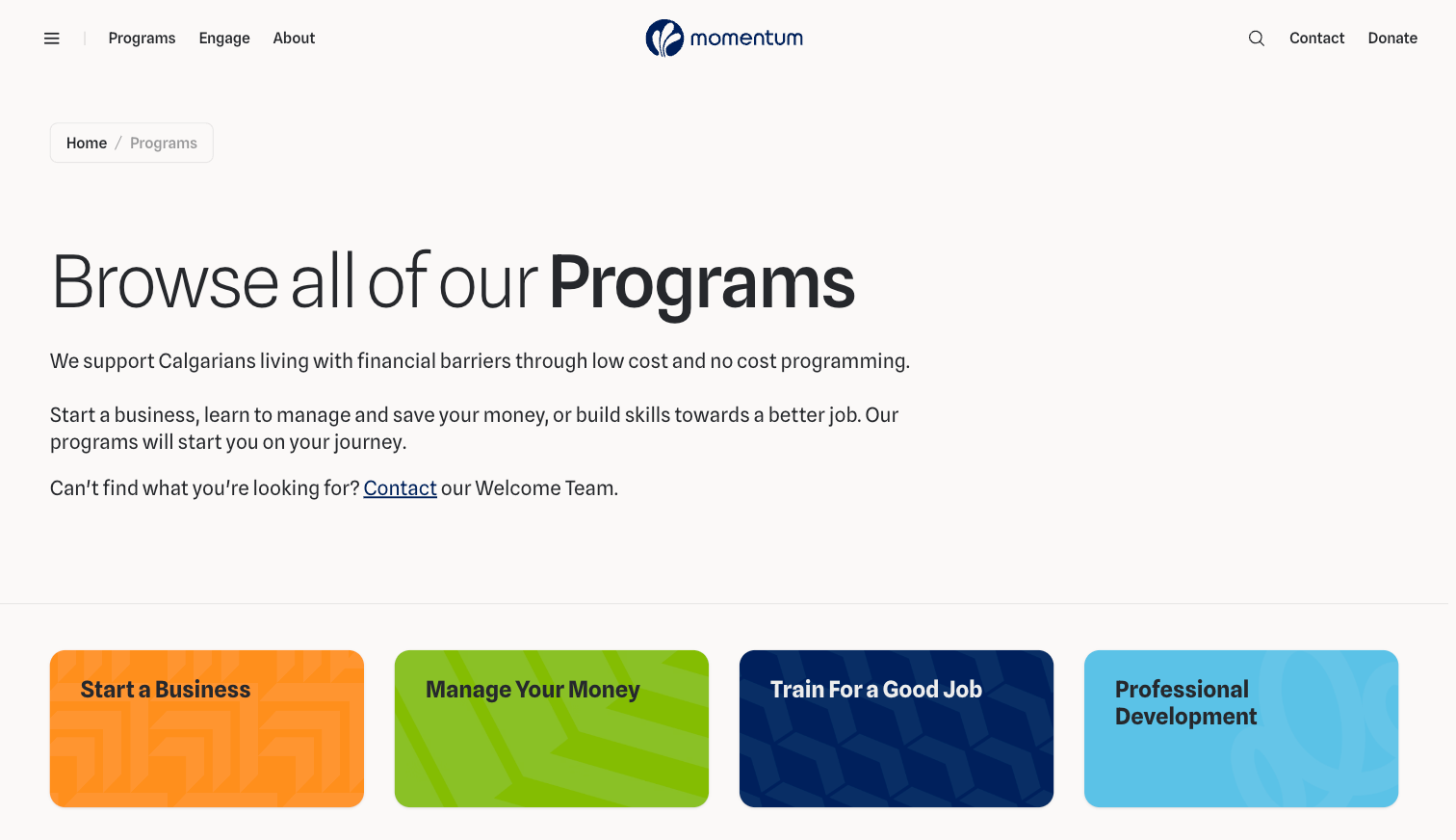 Momentum website 'Browse all of our Programs' page with intro text and four colored cards: Start a Business, Manage Your Money, Train For a Good Job, Professional Development.