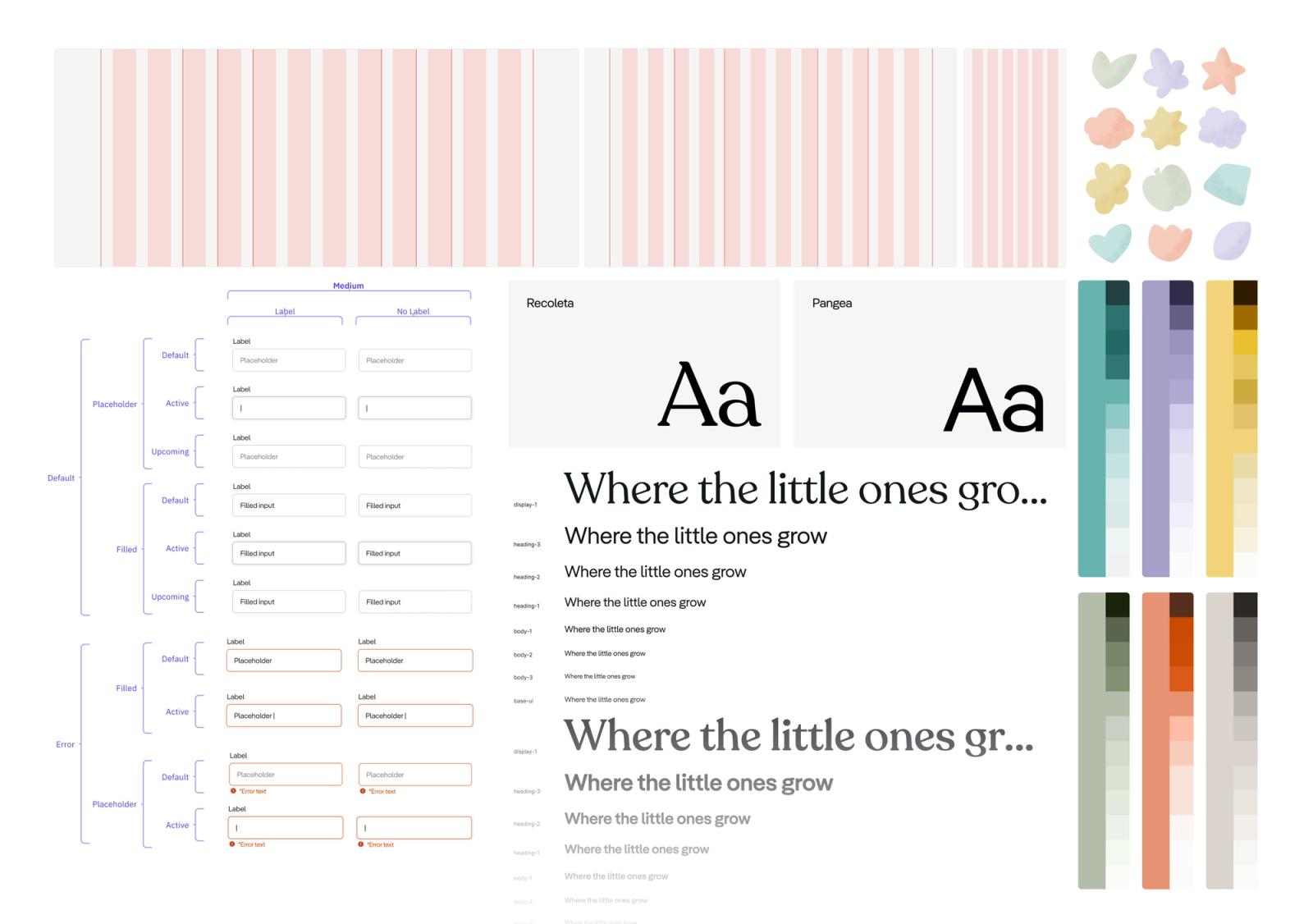 A sheet of the Wee Wild Ones design system: colour ramps, Recoleta and Pangea specimens across a named type scale, and a matrix of form input states.