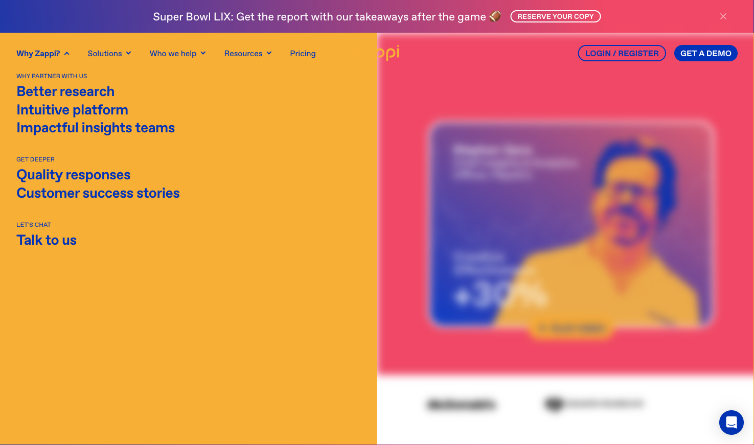 Zappi website with an open navigation menu listing 'Better research,' 'Intuitive platform,' and 'Quality responses' over an orange and pink background.