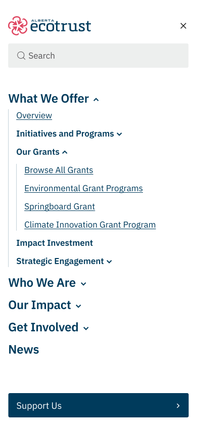 Alberta Ecotrust mobile menu expanded to 'What We Offer,' showing grant links including 'Browse All Grants' and 'Climate Innovation Grant Program,' with a 'Support Us' button.