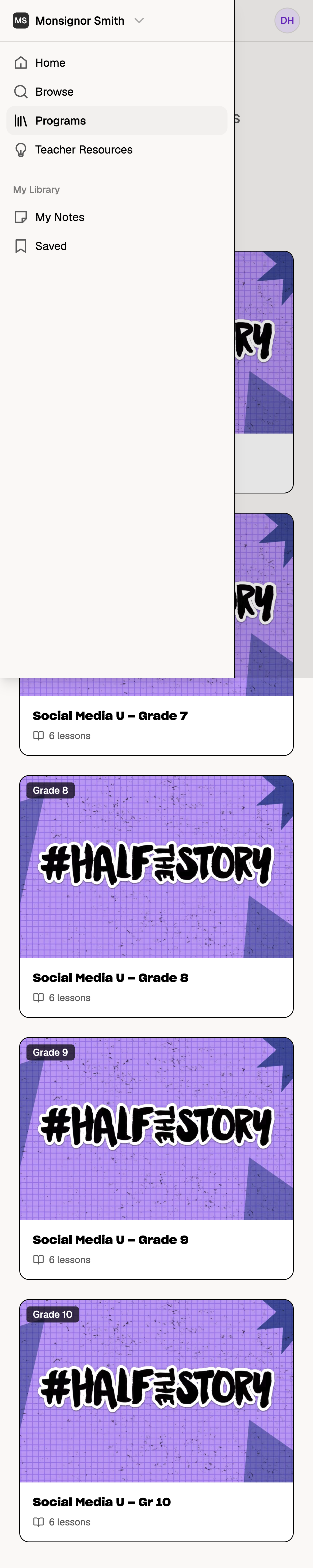 #HalfTheStory learning platform navigation on a phone, with Home, Browse, Programs, Teacher Resources, My Notes and Saved.