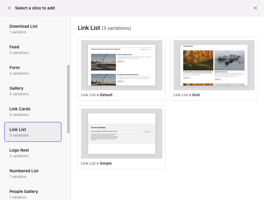 CMS 'Select a slice to add' panel showing three Link List layout variations - Default, Grid, and Simple - as thumbnail previews.