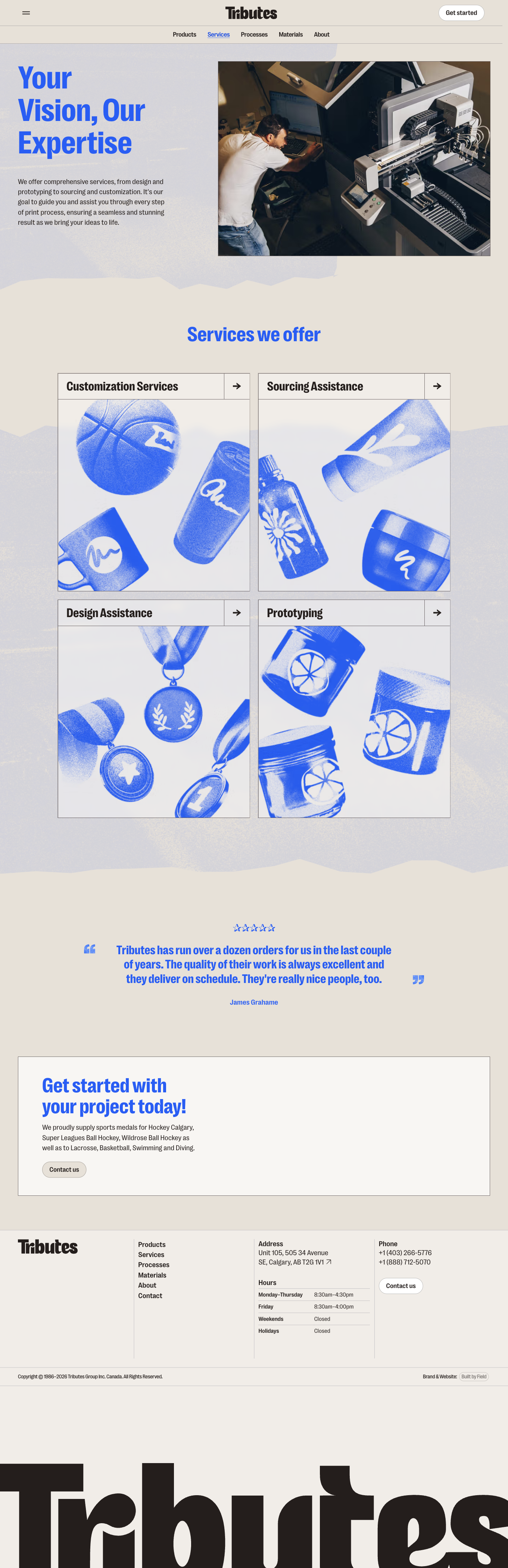 Tributes services page on a phone, headed Your Vision, Our Expertise, with illustrated cards for customization, sourcing, design and prototyping services.