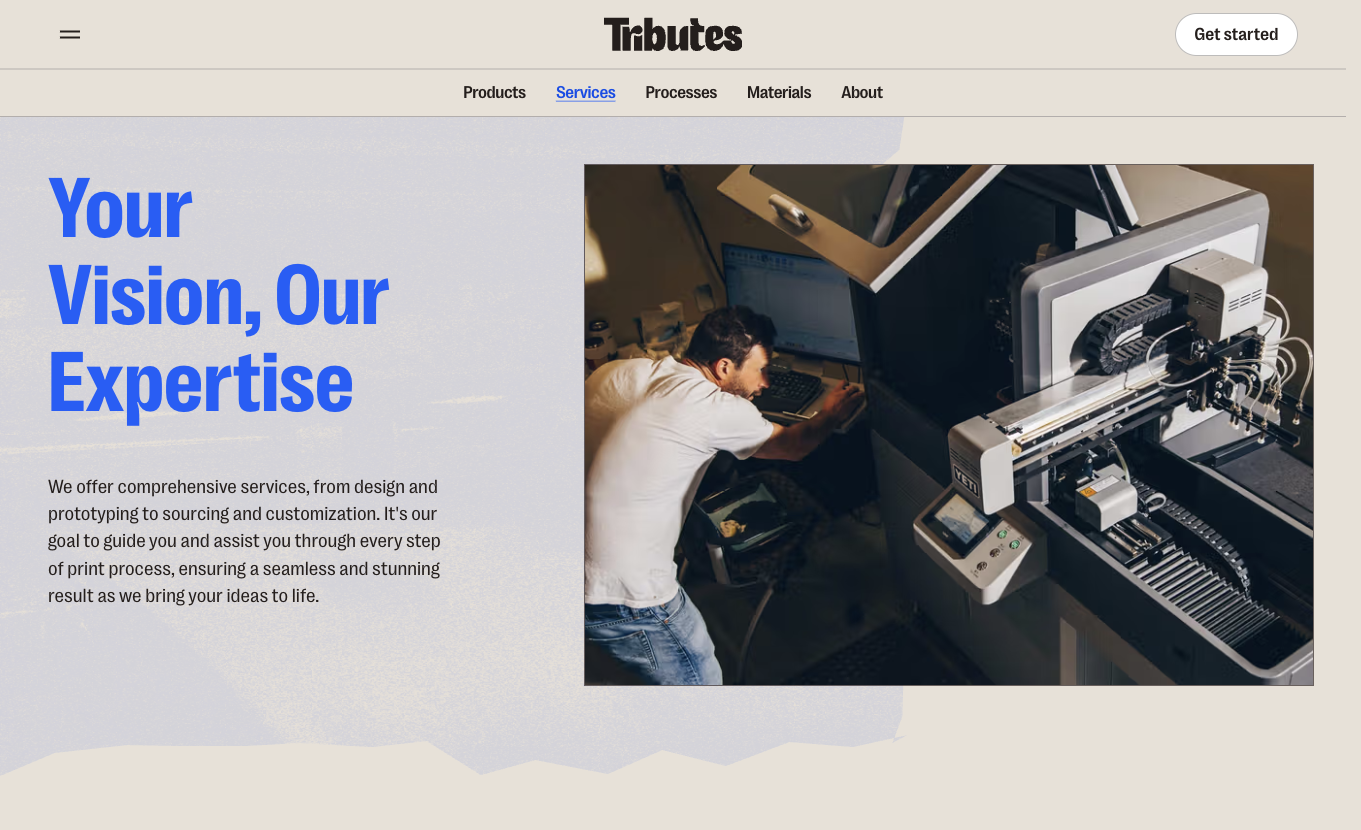 Tributes services page on a phone, headed Your Vision, Our Expertise, with illustrated cards for customization, sourcing, design and prototyping services.