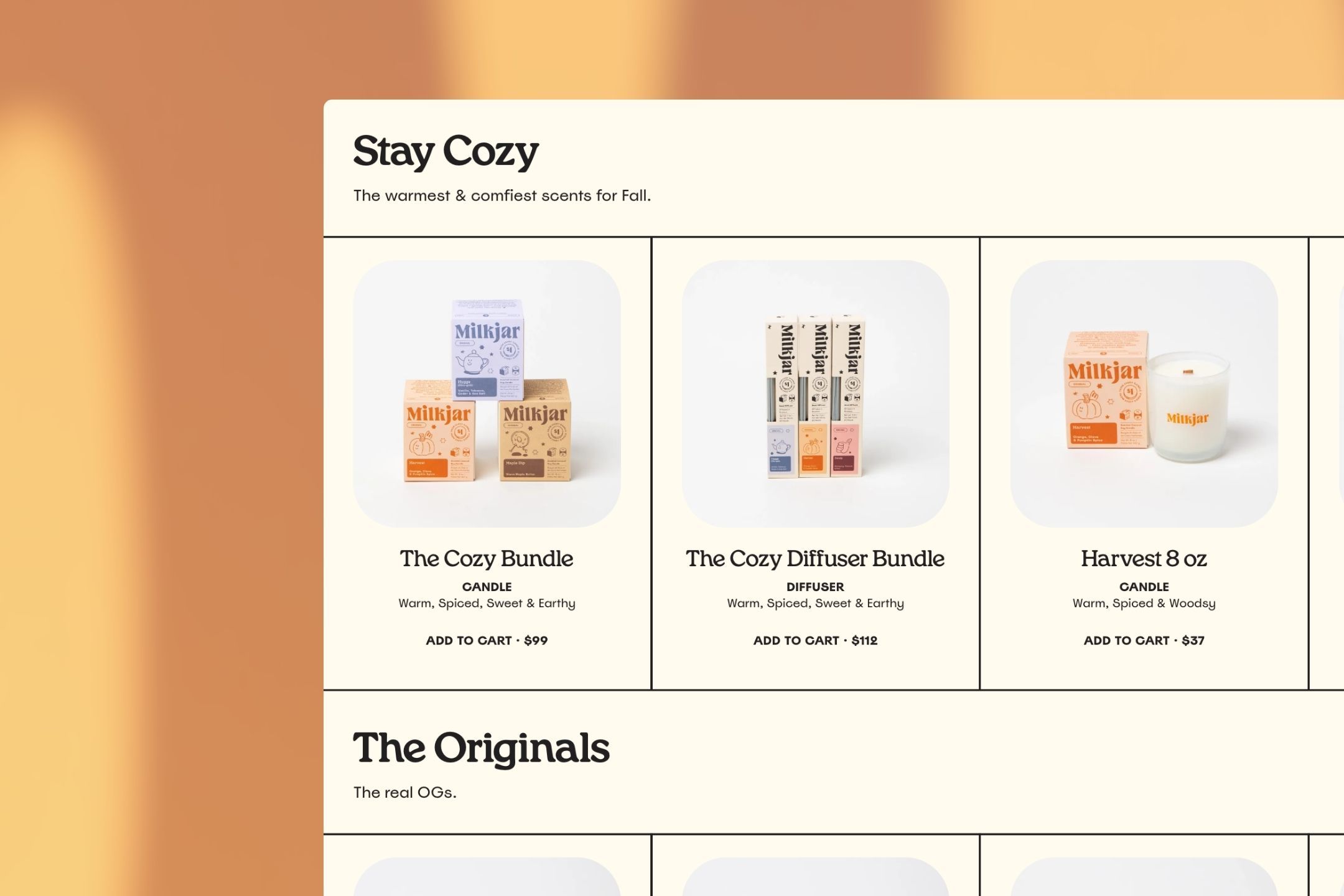 A Milk Jar collection page, Stay Cozy, showing candle bundles with prices and add to cart controls.