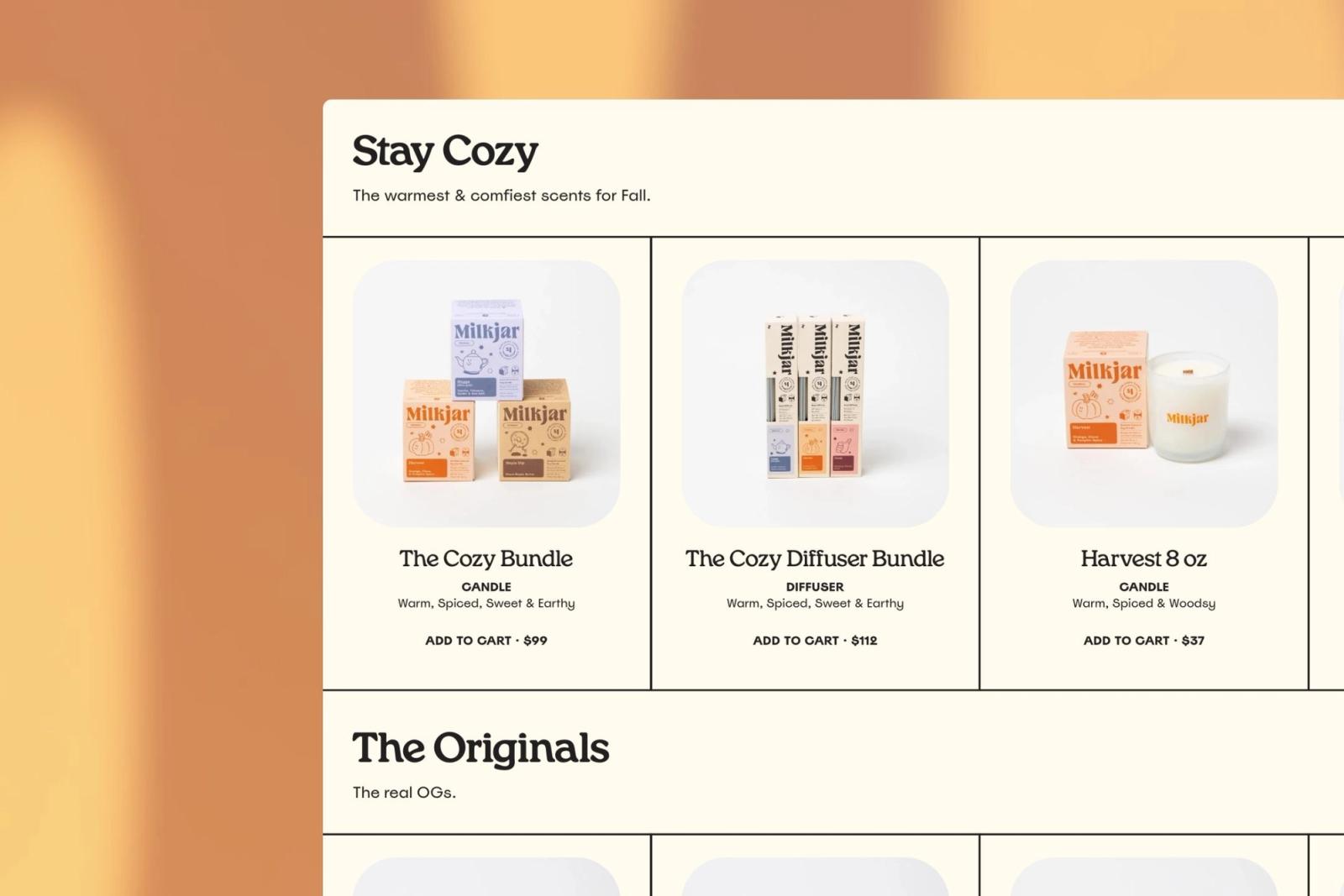 A Milk Jar collection page, Stay Cozy, showing candle bundles with prices and add to cart controls.