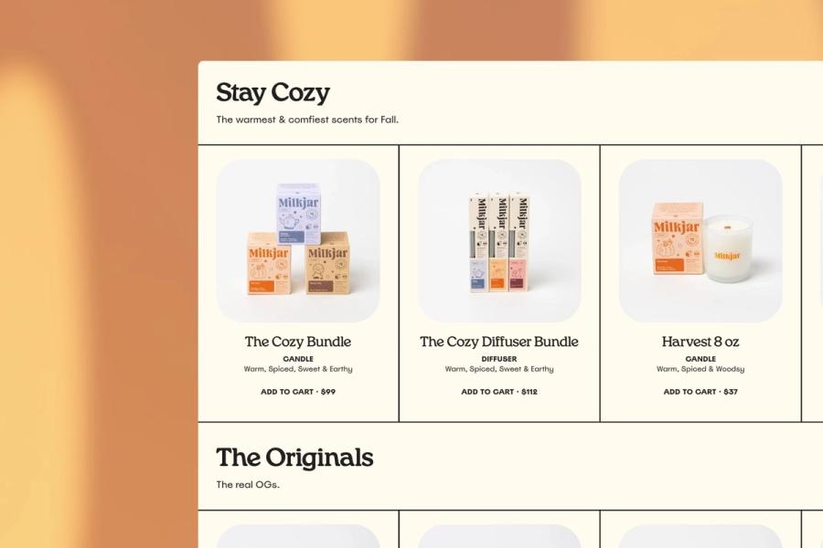 A Milk Jar collection page, Stay Cozy, showing candle bundles with prices and add to cart controls.
