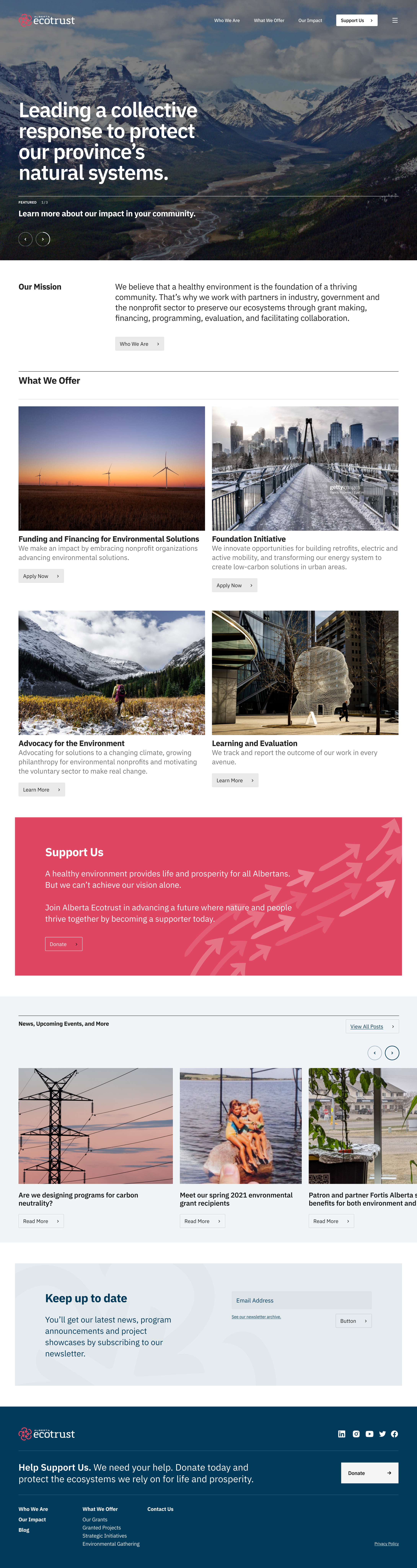 Full-length Alberta Ecotrust homepage headlined 'Leading a collective response to protect our province's natural systems,' with offerings, a pink 'Support Us' band, and news.