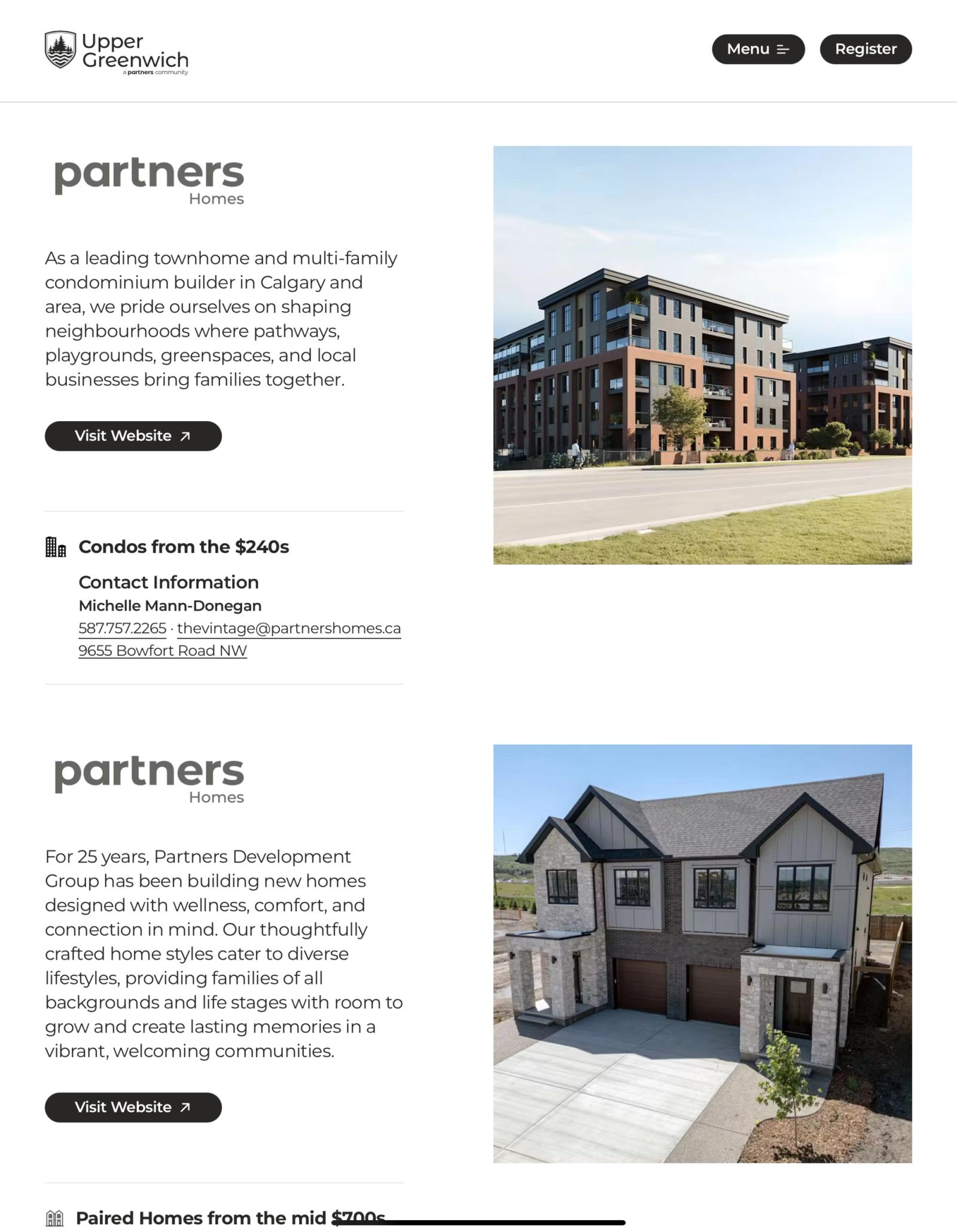 Upper Greenwich microsite for Partners Development Group, listing Partners Homes condos and paired homes with photos of each building.