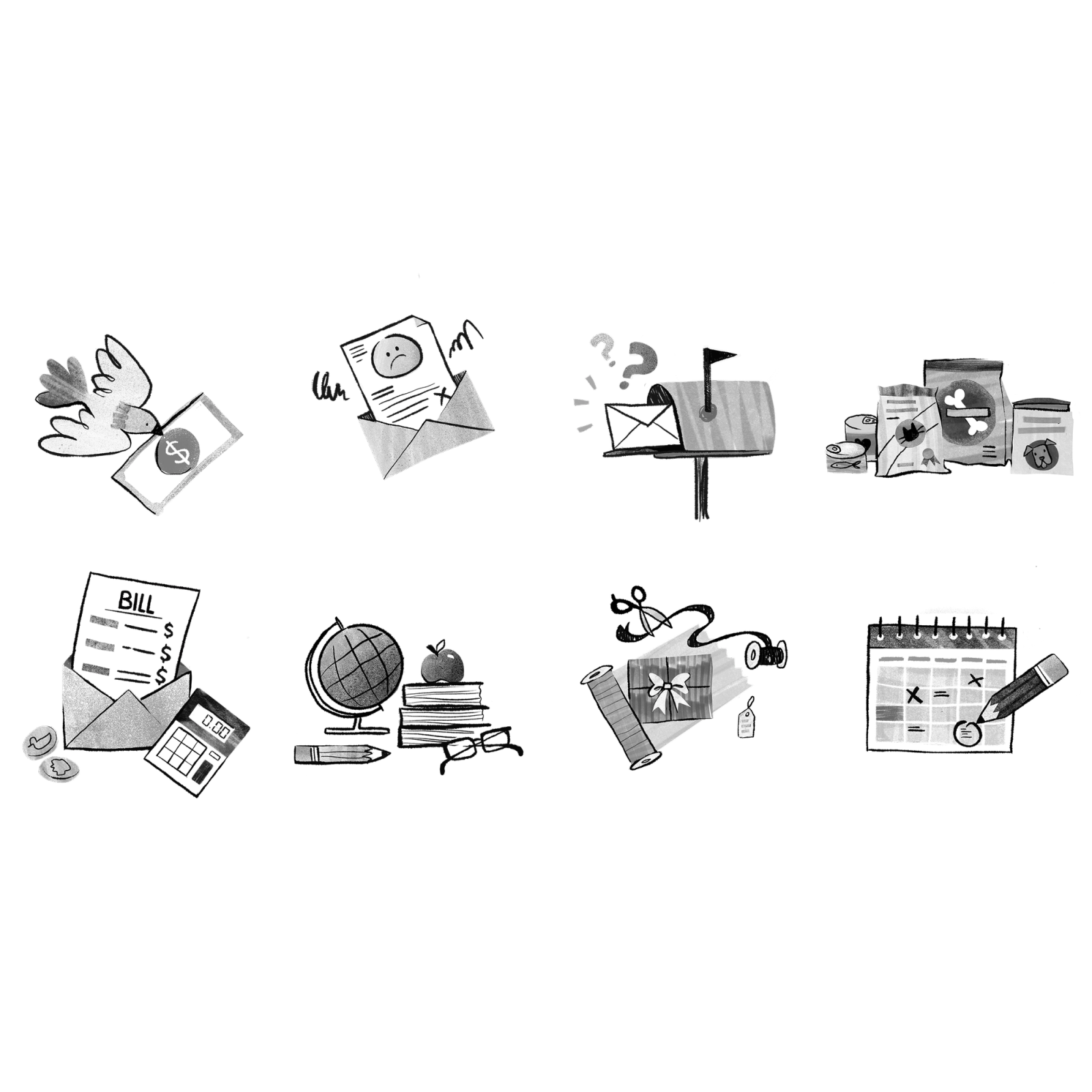 Set of eight hand-drawn grayscale spot illustrations including a dove, sad letter, mailbox, pet food, a bill and calculator, a globe with books, a gift, and a calendar.