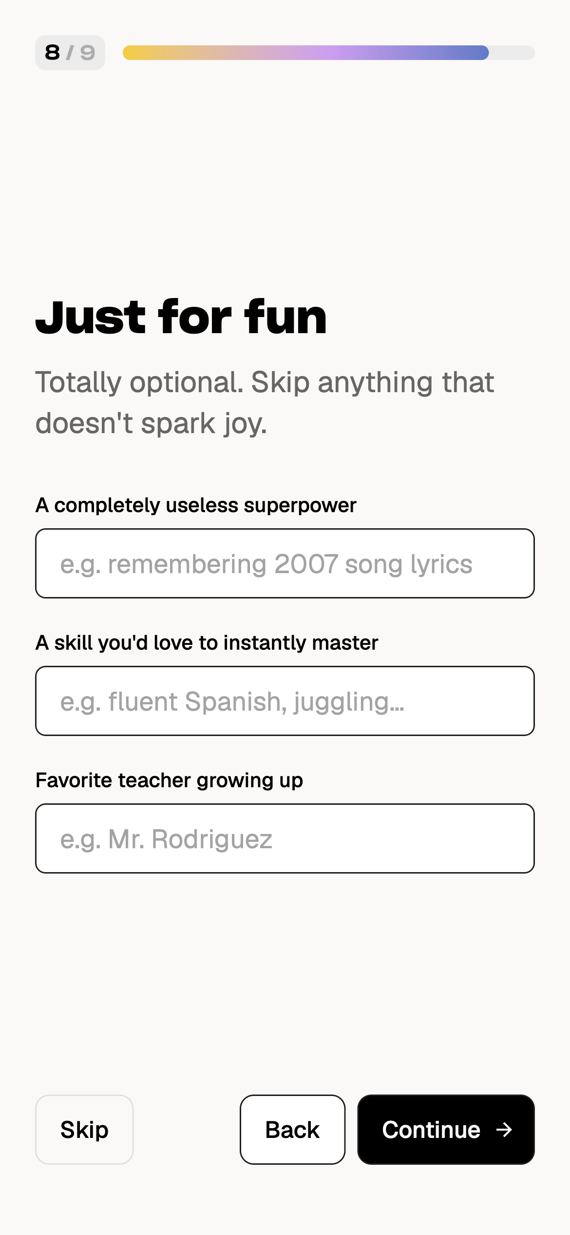 #HalfTheStory learning platform onboarding step on a phone titled Just for fun, with optional questions about a useless superpower, a skill and a favourite teacher.