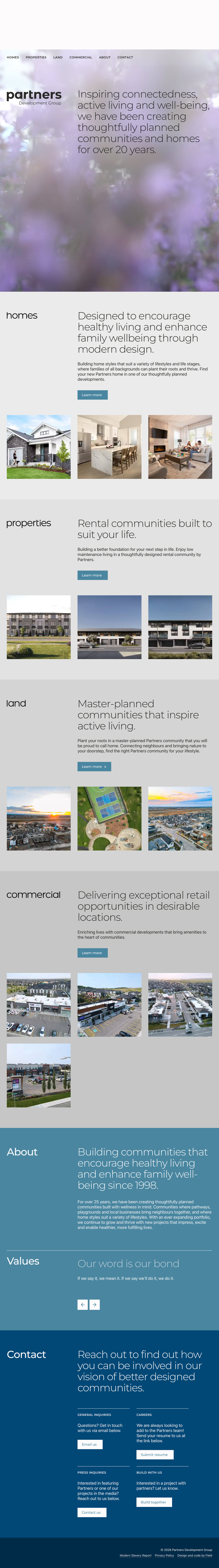Partners Development Group website on a tablet, pairing the Partners wordmark with a statement about planned communities over a soft purple floral photo.