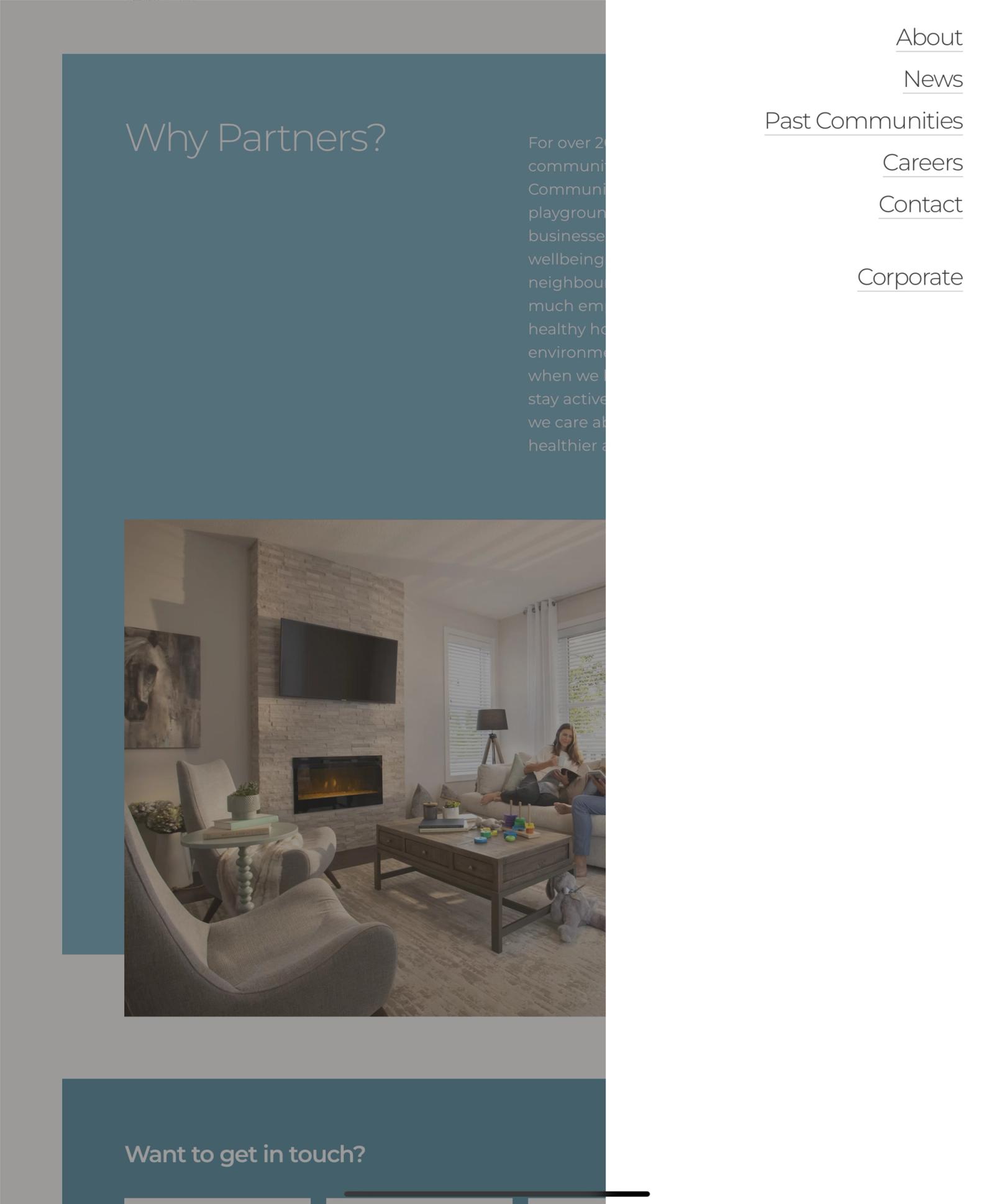 Partners Development Group website menu open over the Why Partners? section, beside a photo of a show home living room.