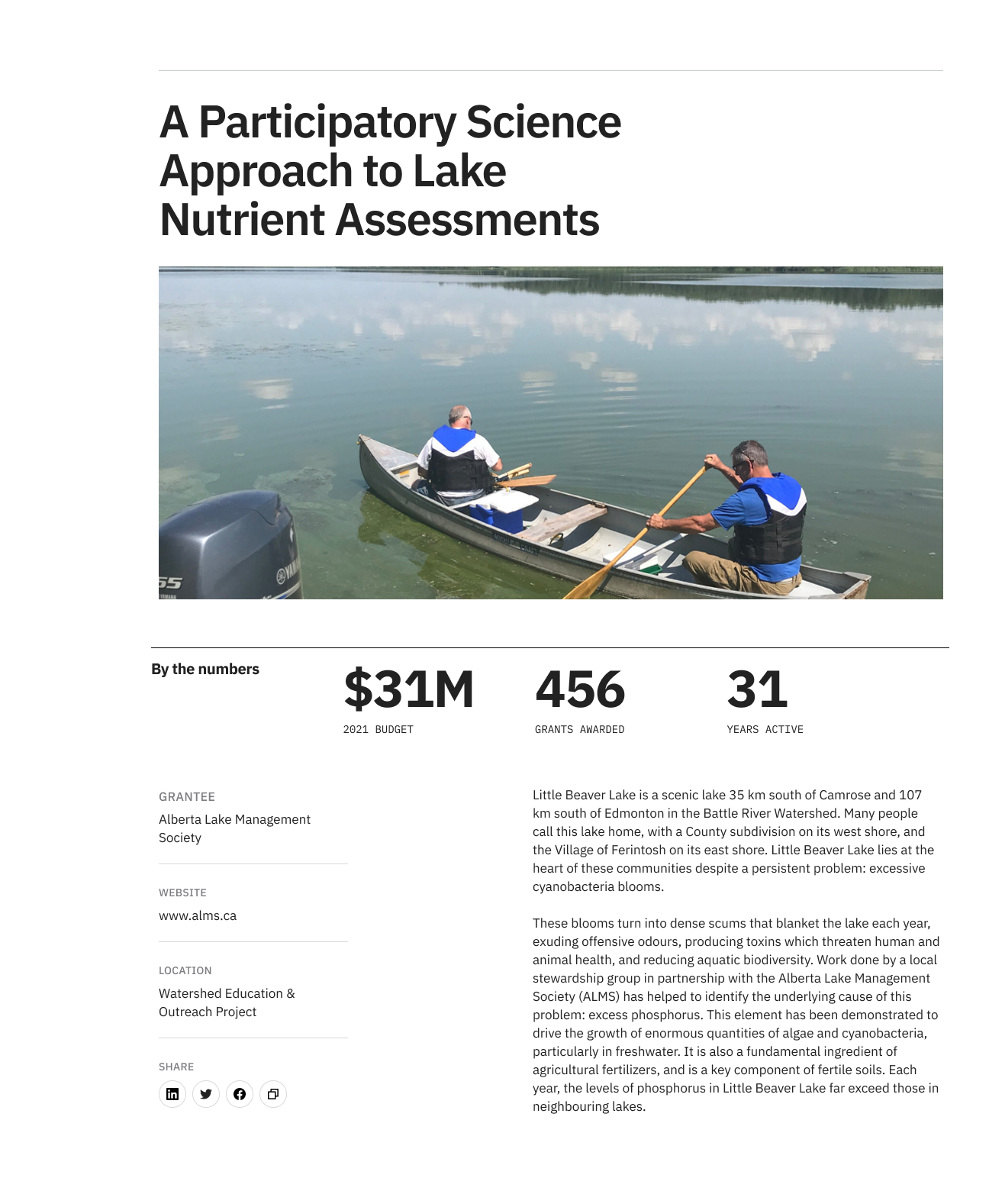 Funded-project page headlined 'A Participatory Science Approach to Lake Nutrient Assessments,' with a photo of two men canoeing and 'By the numbers' stats.