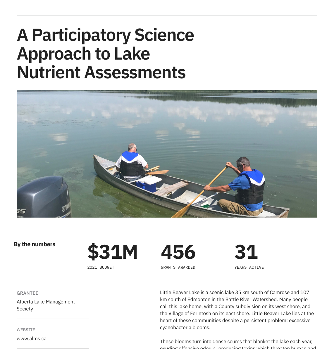 Funded-project page headlined 'A Participatory Science Approach to Lake Nutrient Assessments,' with a photo of two men canoeing and 'By the numbers' stats.