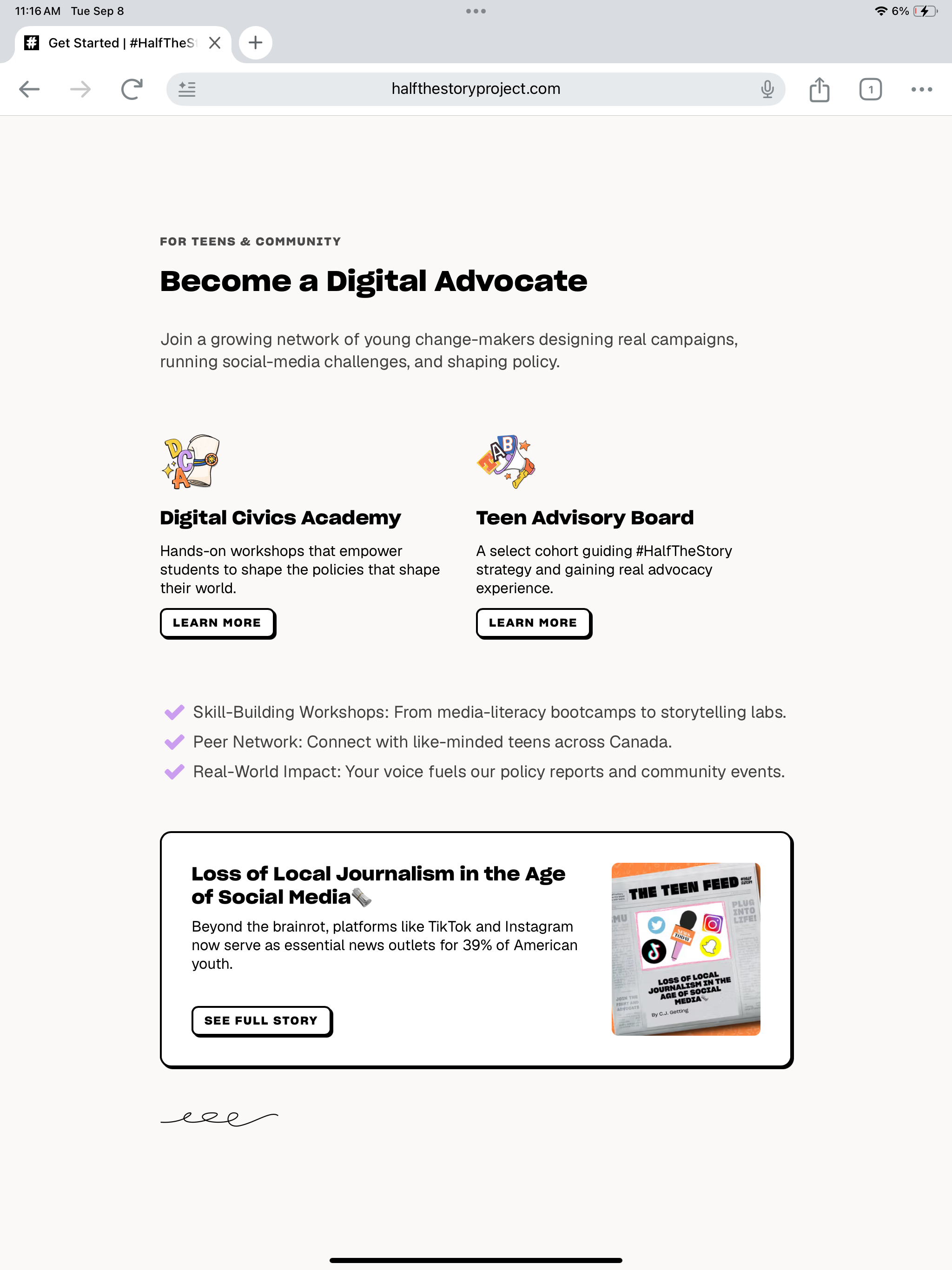 #HalfTheStory website on a tablet, showing the Become a Digital Advocate page with Digital Civics Academy and Teen Advisory Board programs.