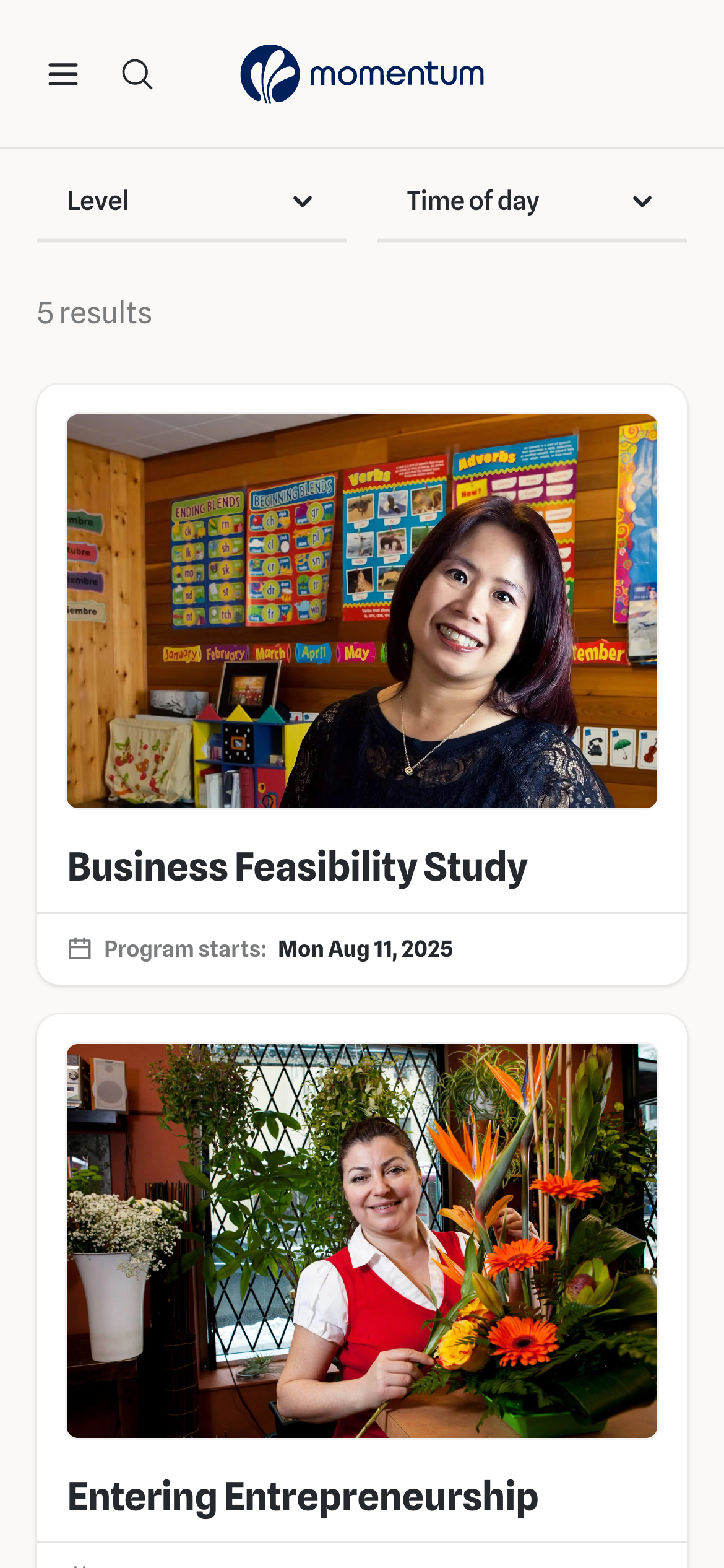 Mobile Momentum results page with a Level and Time of day filter, listing program cards 'Business Feasibility Study' and 'Entering Entrepreneurship' with portrait photos.