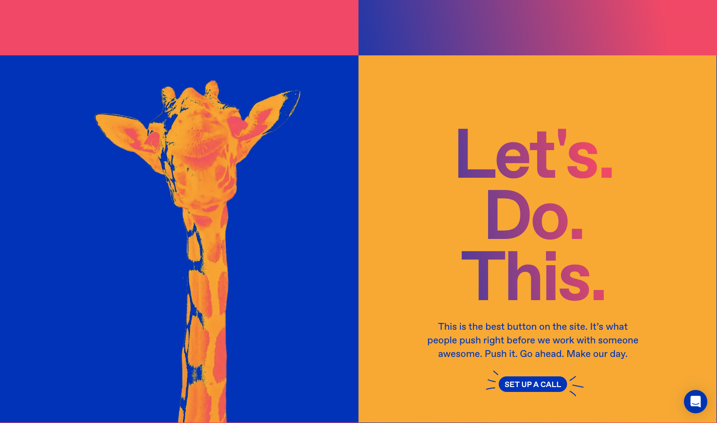 Bold split-screen web section with an orange giraffe on blue at left and large purple text 'Let's. Do. This.' beside a 'Set Up a Call' button on orange.