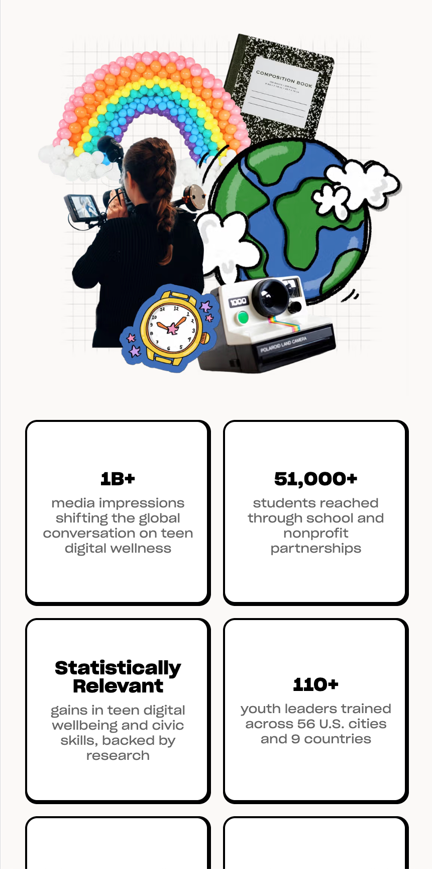 #HalfTheStory homepage on a phone, with a collage illustration above impact stats including 1B+ media impressions and 51,000+ students reached.
