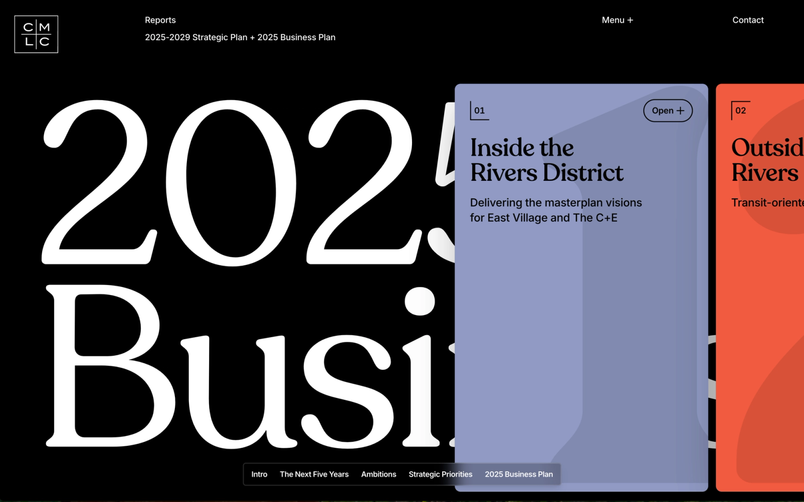 CMLC reports website on a black background with giant serif '2025 Business' text and sliding cards 'Inside the Rivers District' and 'Outside Rivers.'