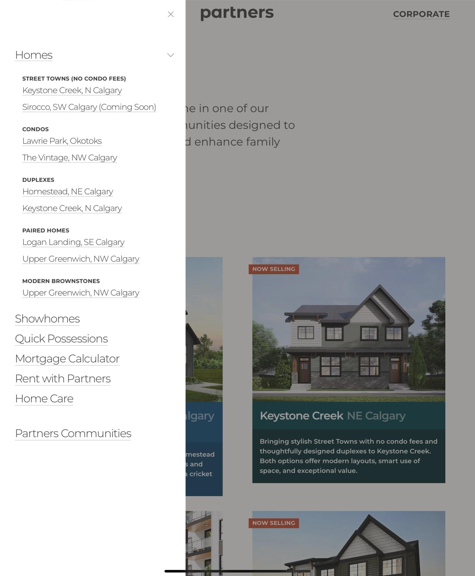 Partners Development Group website with the homes menu open, listing street towns, condos, duplexes, paired homes and brownstones by community.