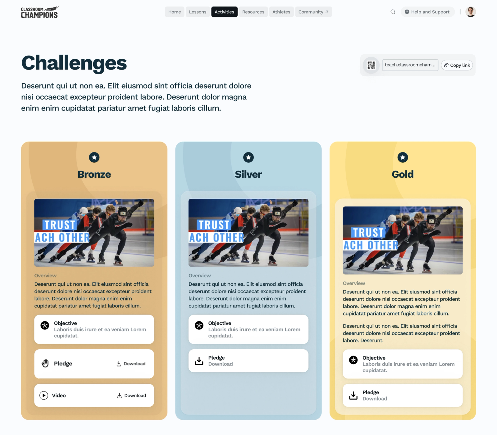 Classroom Champions 'Challenges' web page showing Bronze, Silver and Gold tier cards, each with a speed-skating 'Trust Each Other' video thumbnail and Objective and Pledge links.