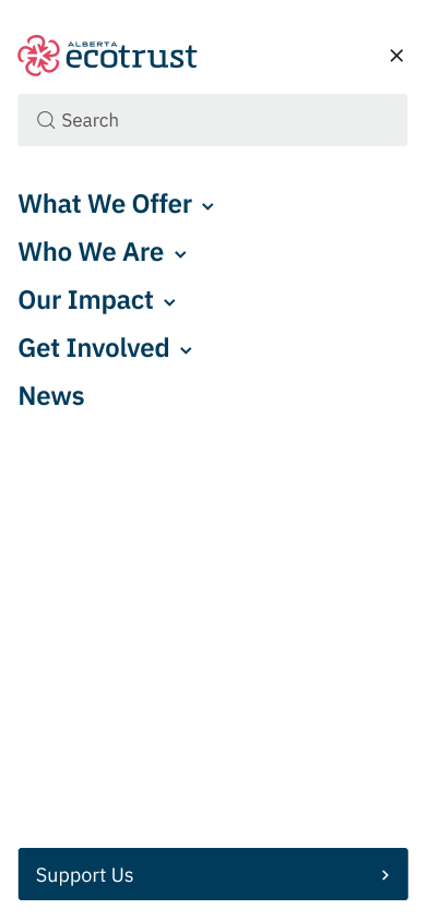Open mobile menu for Alberta Ecotrust with navigation items What We Offer, Who We Are, Our Impact, Get Involved and News, plus a blue 'Support Us' button.