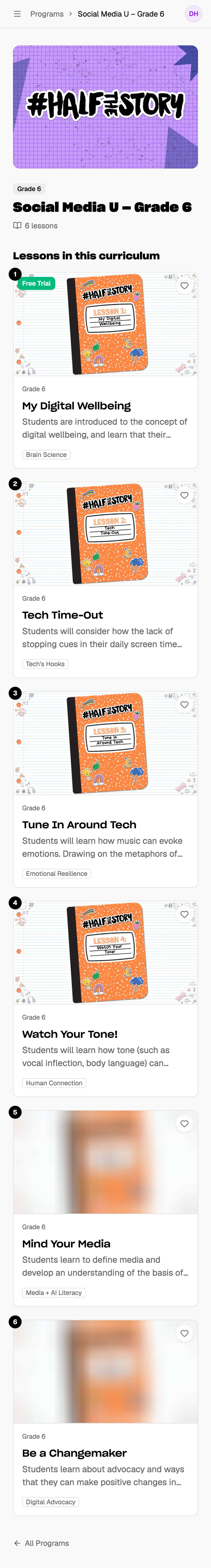 #HalfTheStory learning platform on a phone, showing the Social Media U Grade 6 curriculum and its first lesson.