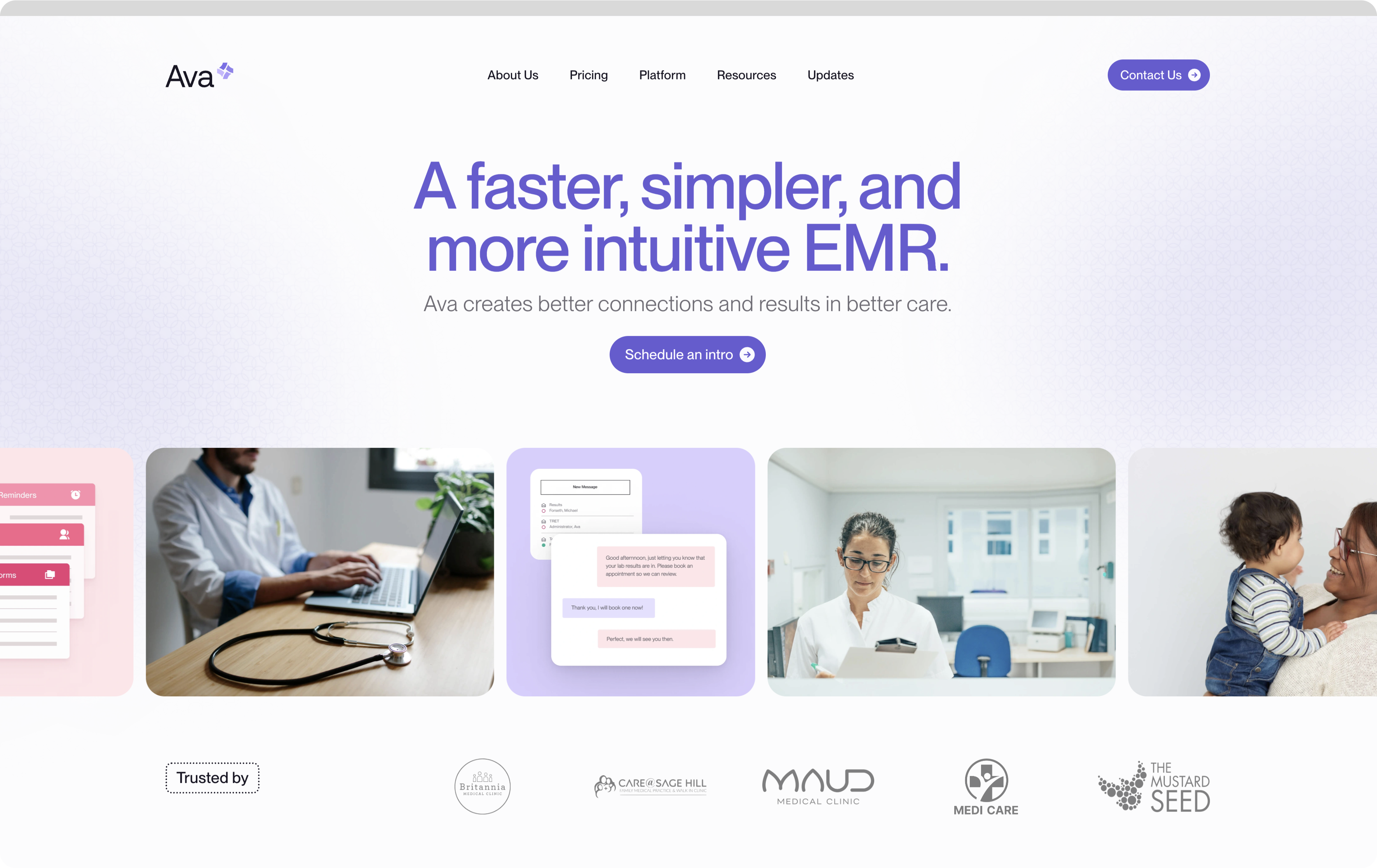 Ava EMR website hero headlined 'A faster, simpler, and more intuitive EMR,' with clinic photos and a 'Trusted by' row of partner clinic logos.