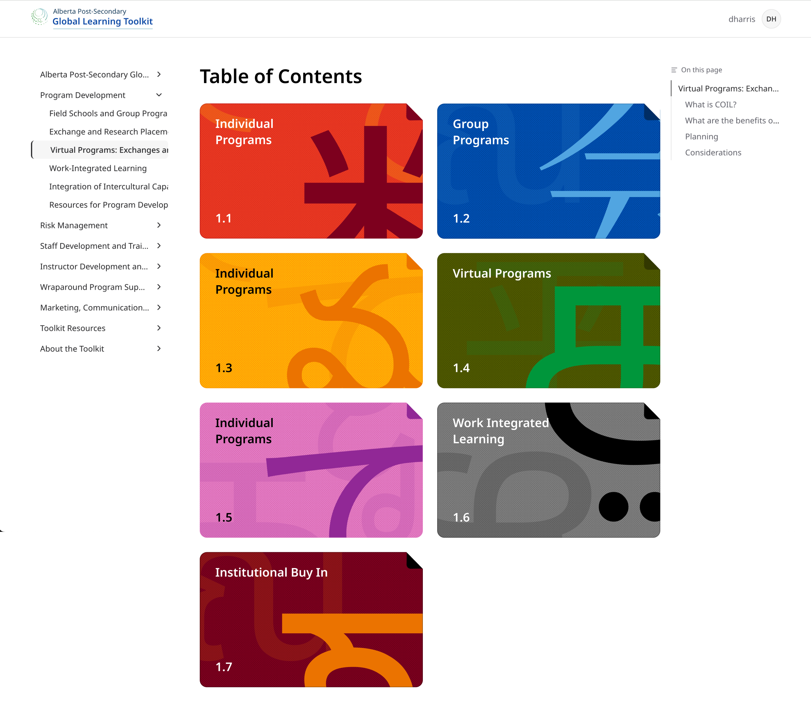 Alberta Post-Secondary Global Learning Toolkit table of contents, with colourful cards for individual, group and virtual programs, work integrated learning and institutional buy-in.