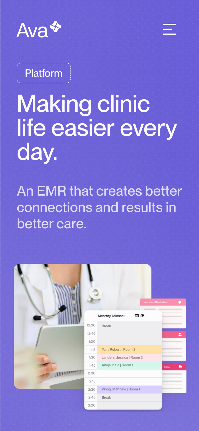 Ava platform mobile site on a purple background headlined 'Making clinic life easier every day,' with an EMR scheduling interface over a clinician photo.