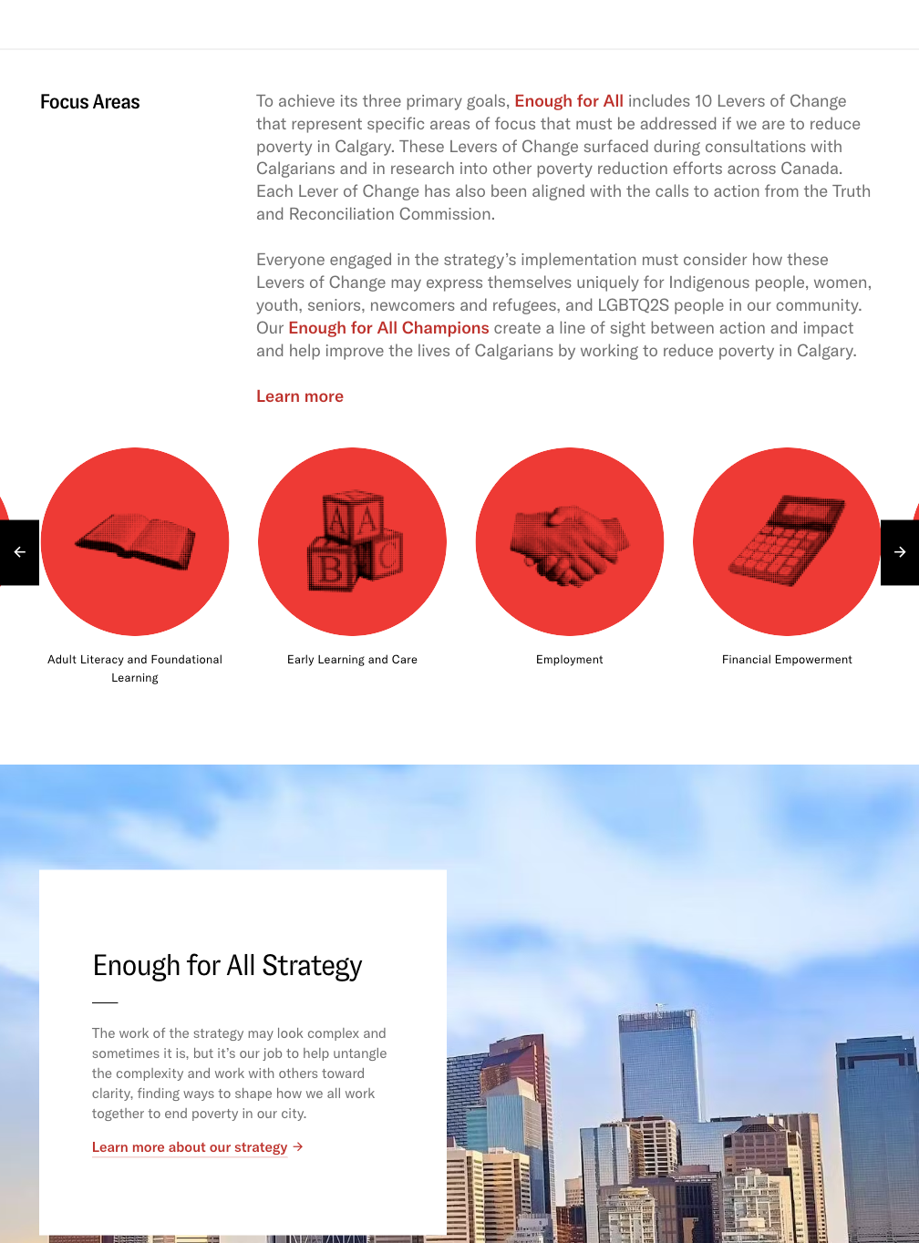 Website 'Focus Areas' section with four red circular icons labeled Adult Literacy, Early Learning and Care, Employment, and Financial Empowerment, above an 'Enough for All Strategy' city-skyline banner.