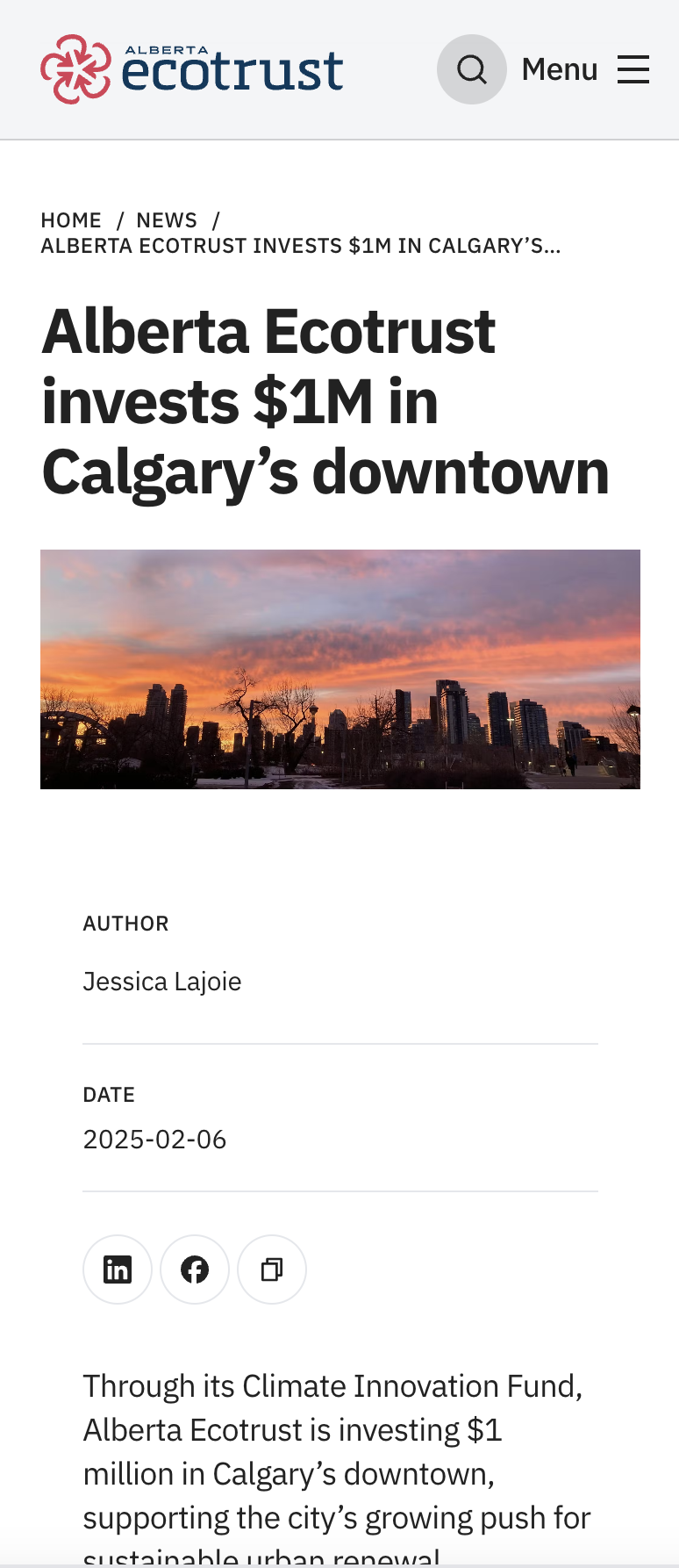 Alberta Ecotrust mobile article page titled 'Alberta Ecotrust invests $1M in Calgary's downtown,' with a Calgary skyline photo at sunset.