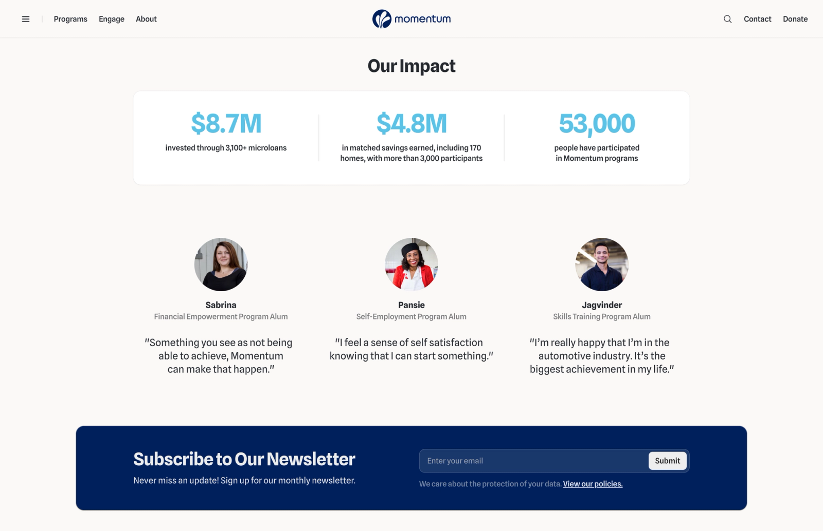 Momentum website 'Our Impact' section showing stats of $8.7M, $4.8M, and 53,000, three program alumni portraits with quotes, and a newsletter signup bar.