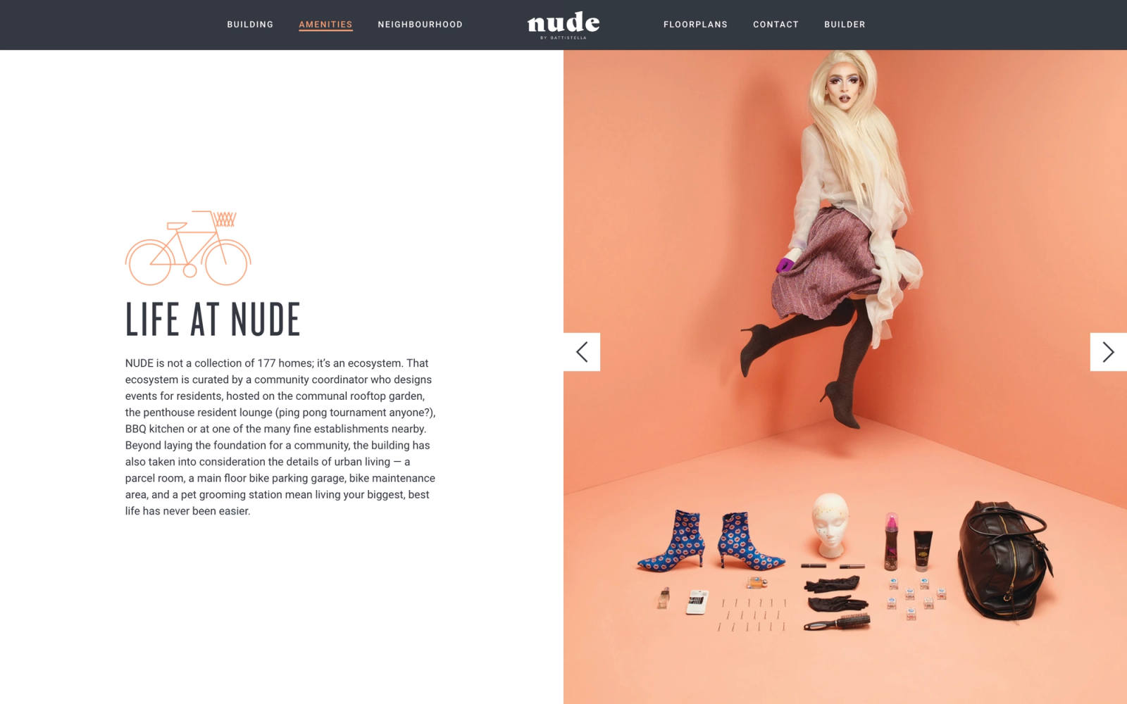 NUDE building website for Battistella on desktop, with a Life at NUDE section beside a styled photo of a person on a coral background.
