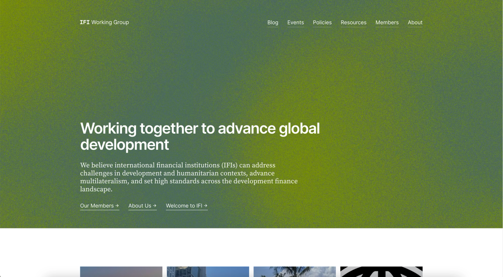 IFI Working Group website hero on a green gradient headlined 'Working together to advance global development,' with navigation links and intro text.