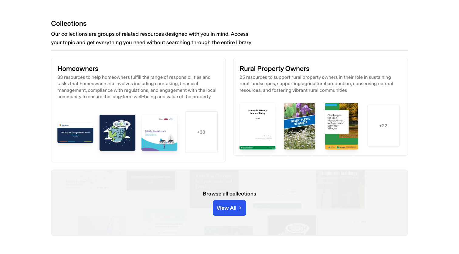 Website 'Collections' section with 'Homeowners' and 'Rural Property Owners' resource groups showing document thumbnails and a 'Browse all collections' link.