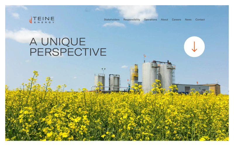 Teine Energy homepage on desktop, with the headline A Unique Perspective over a canola field in front of an energy facility.