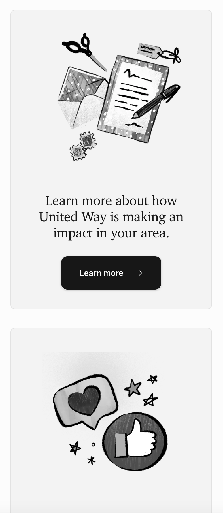 Two stacked black-and-white sketch illustrations, one of stationery, scissors, and a pen above text 'Learn more about how United Way is making an impact in your area,' and one of a heart speech bubble and thumbs-up.