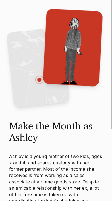Mobile app screen titled 'Make the Month as Ashley,' showing an illustrated woman on a red card over a faint map, with a persona description below.